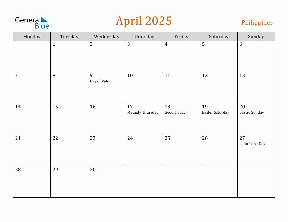Free April 2025 Philippines Calendar
