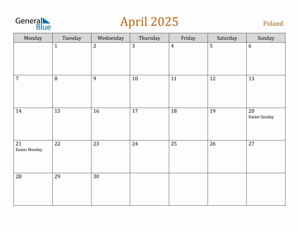 Free April 2025 Poland Calendar