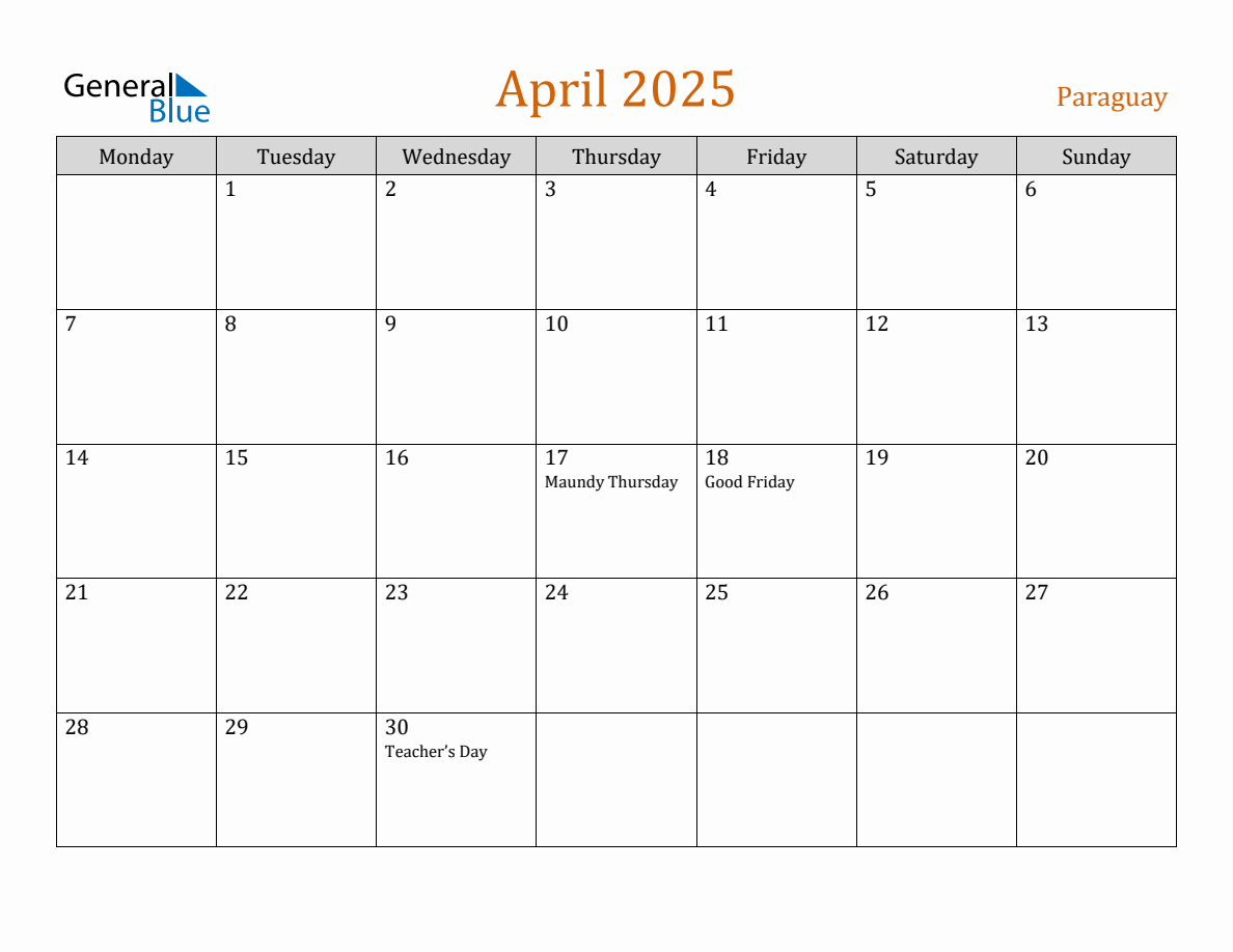 Free April 2025 Paraguay Calendar