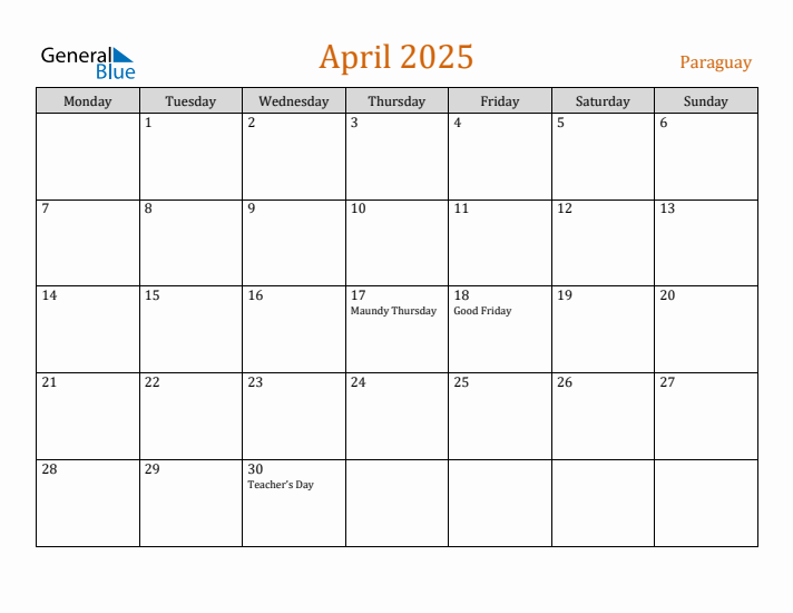 April 2025 Holiday Calendar with Monday Start