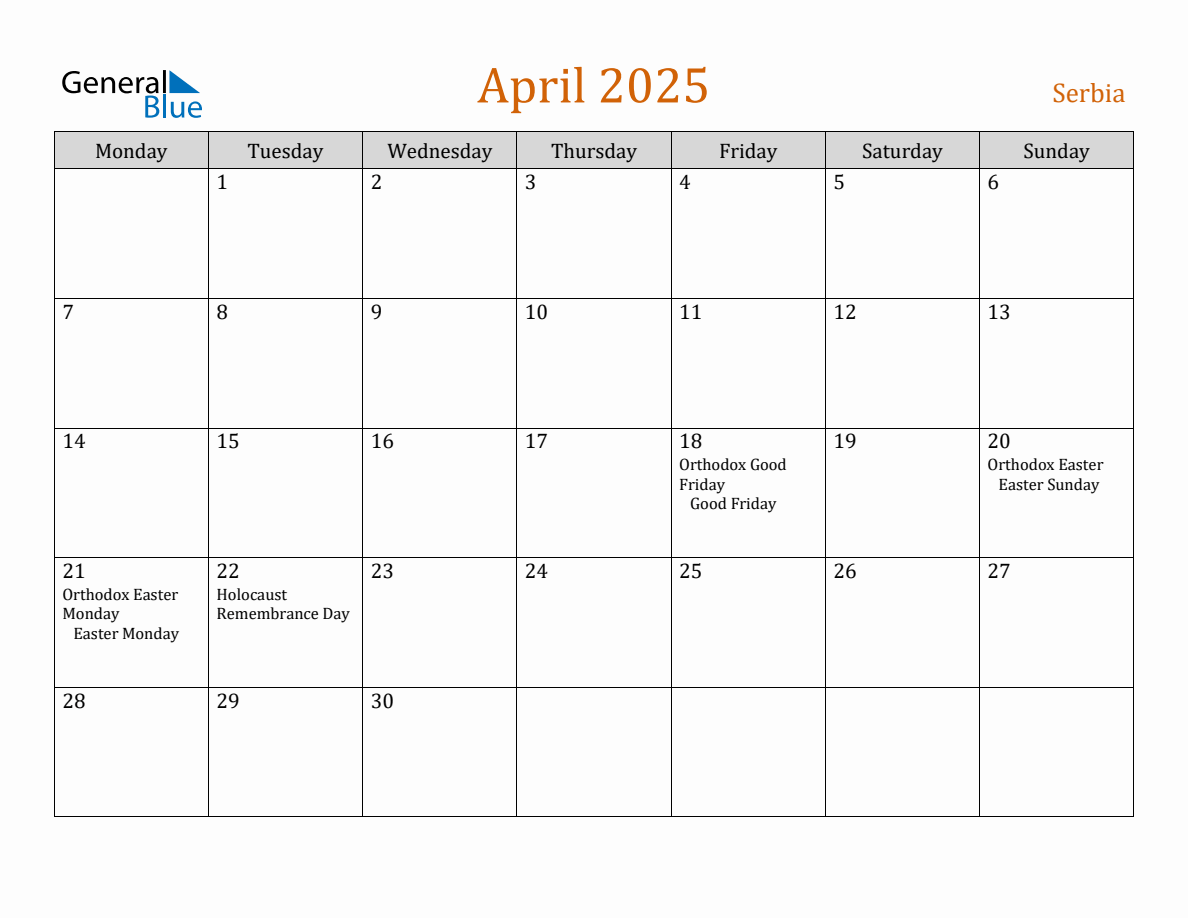 Free April 2025 Serbia Calendar