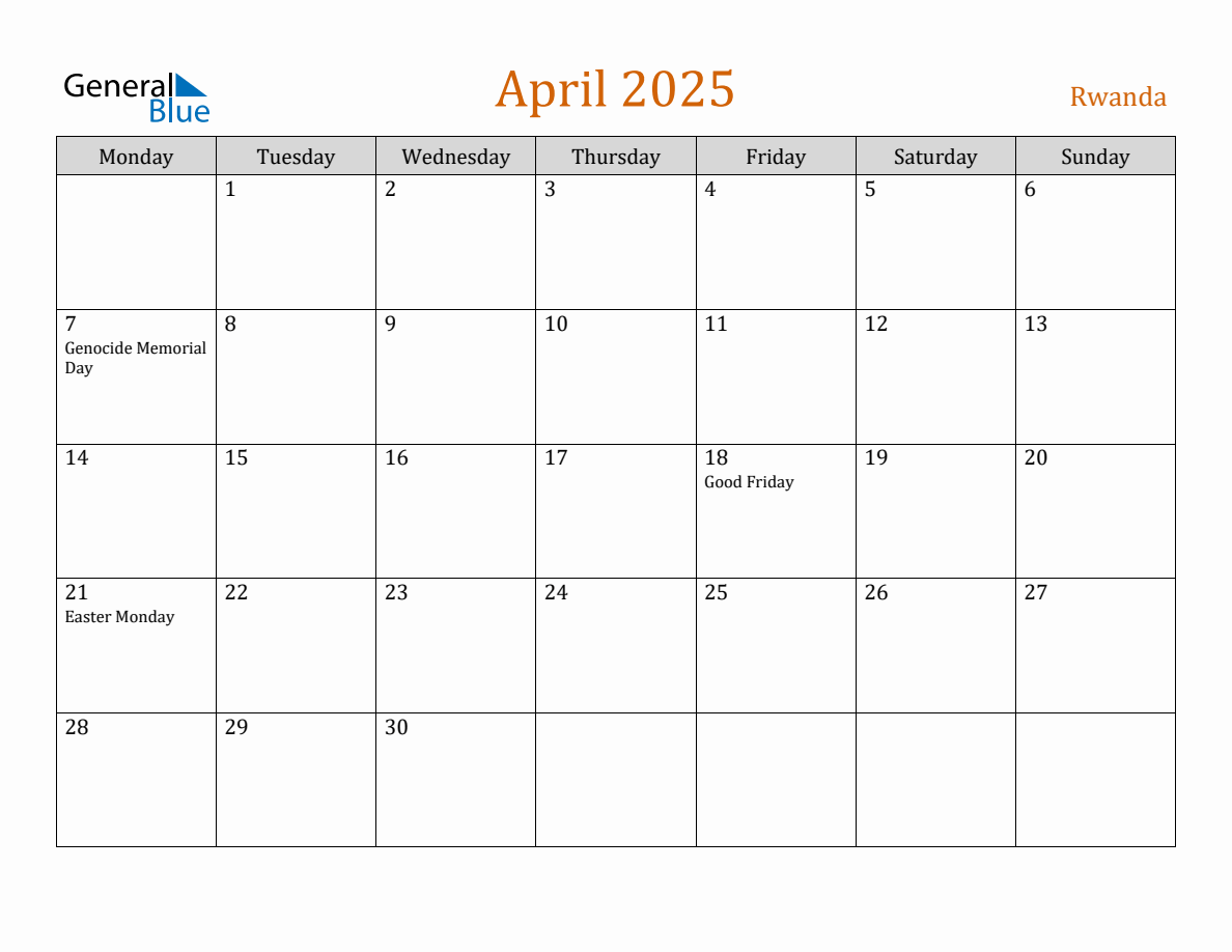 Free April 2025 Rwanda Calendar