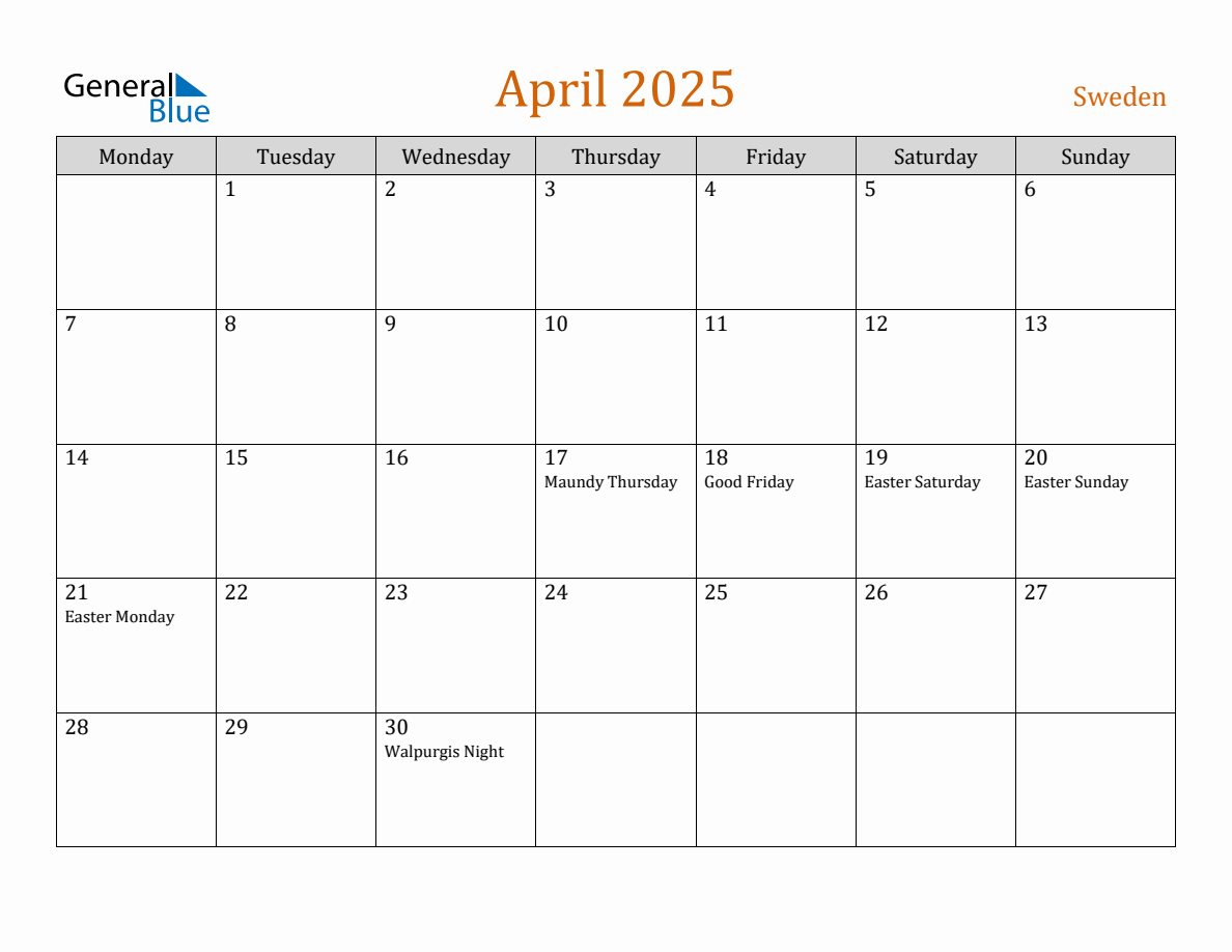 Free April 2025 Sweden Calendar