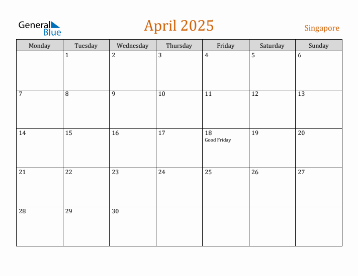 April 2025 Singapore Monthly Calendar with Holidays