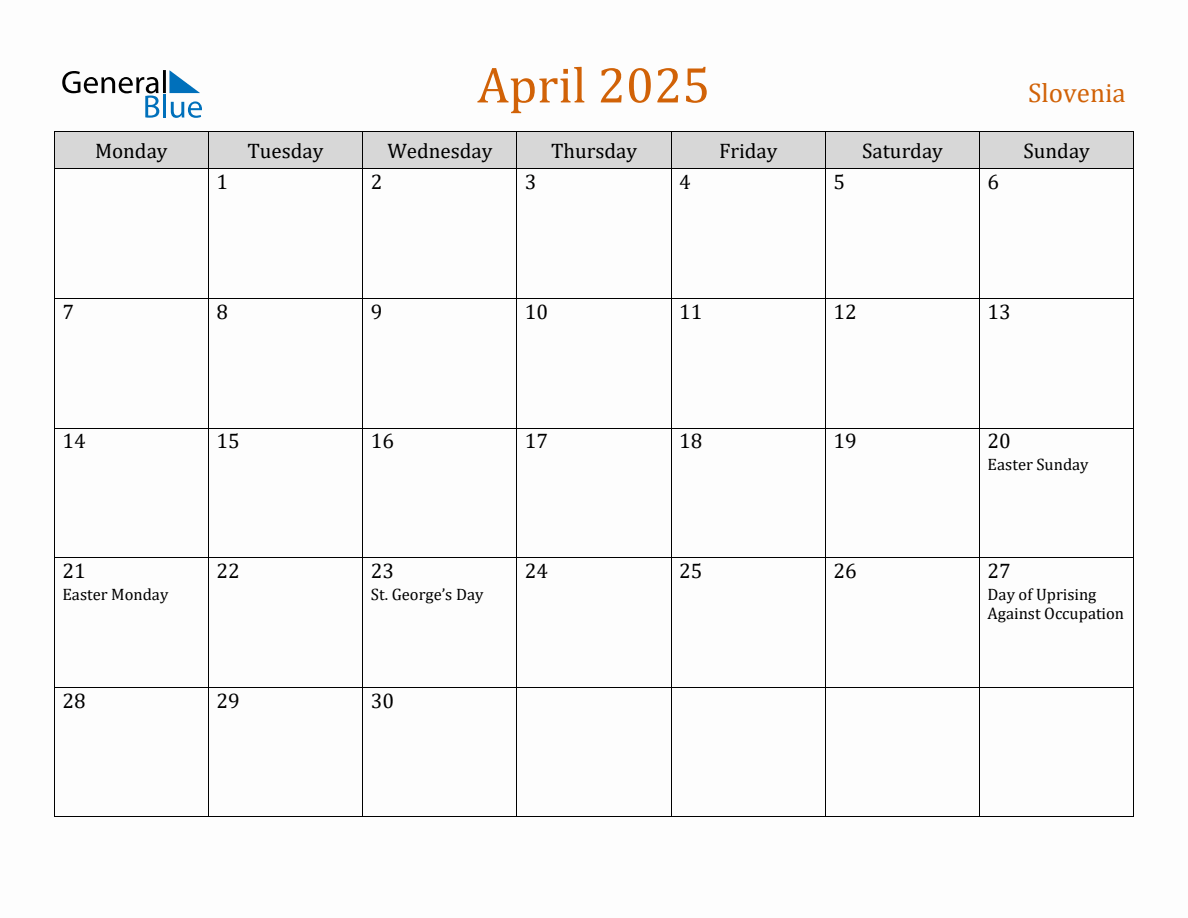 Free April 2025 Slovenia Calendar