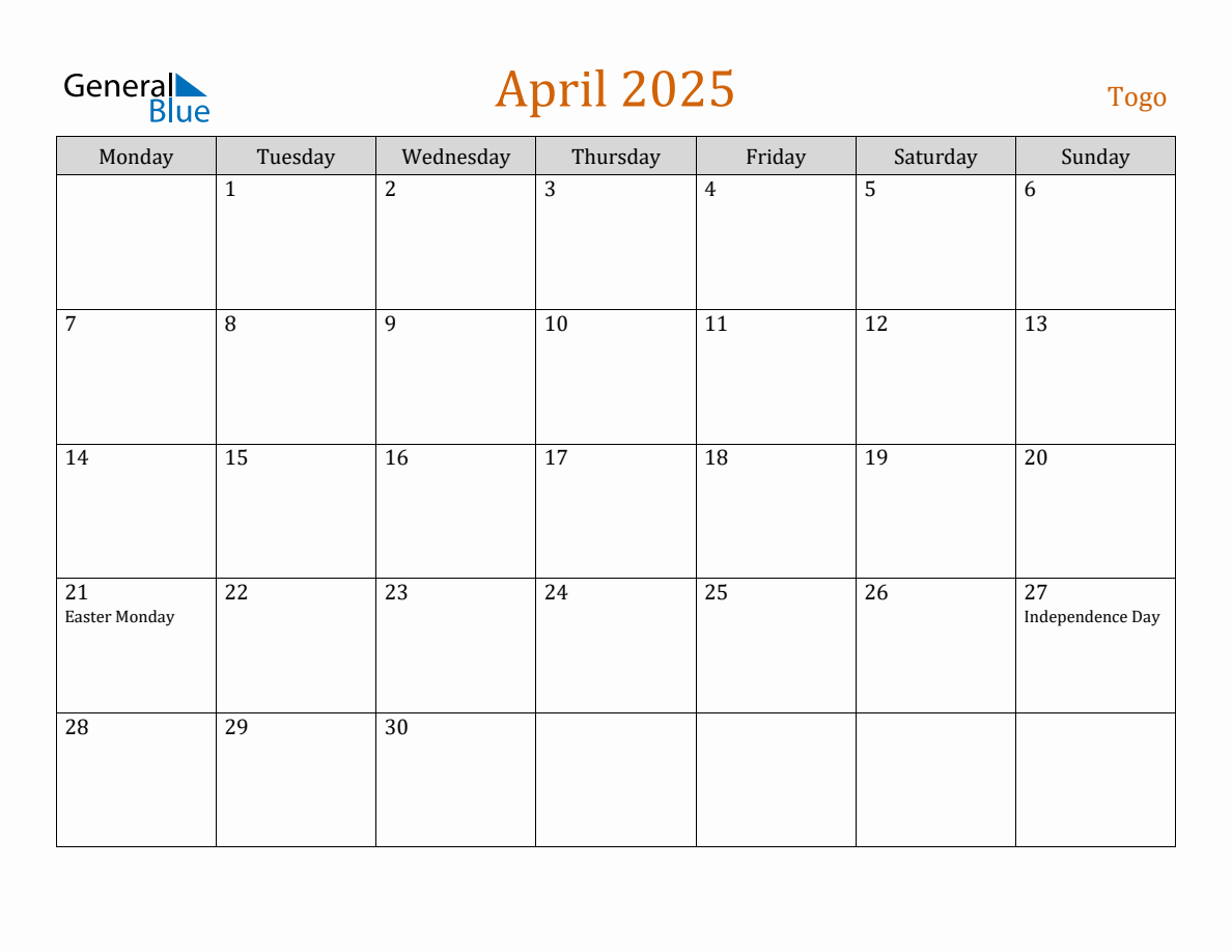 Free April 2025 Togo Calendar