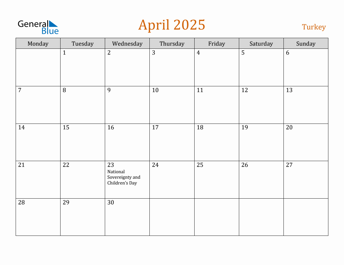 Free April 2025 Turkey Calendar