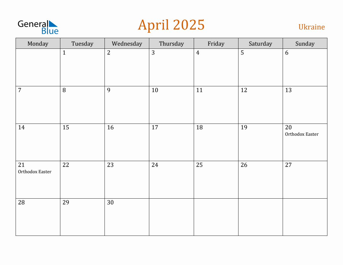 Free April 2025 Ukraine Calendar