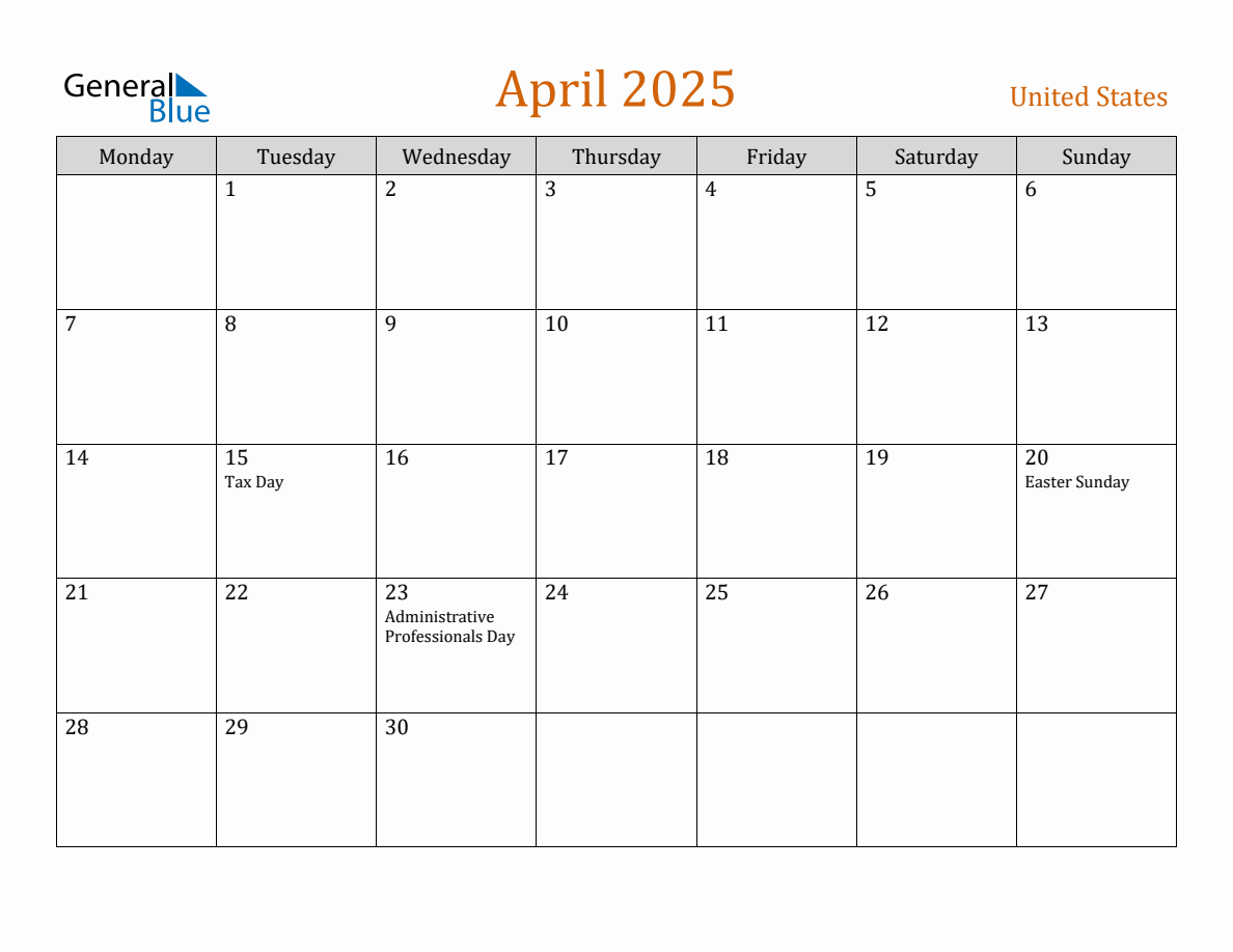 Free April 2025 United States Calendar