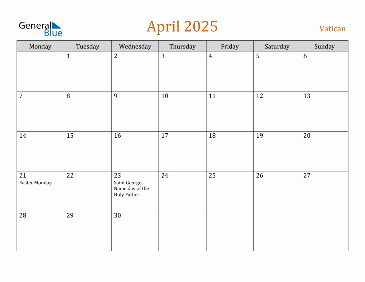 Free April 2025 Vatican Calendar