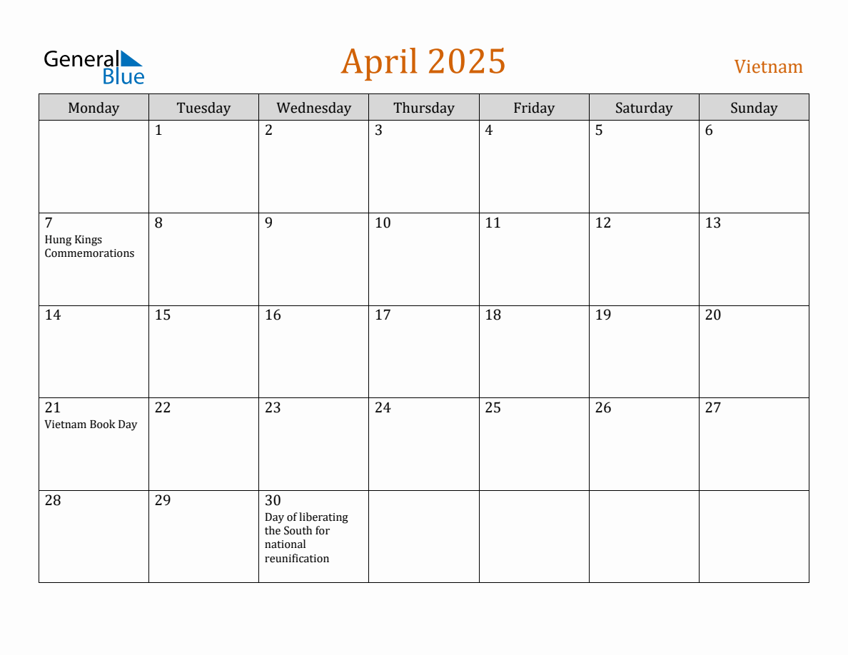Free April 2025 Vietnam Calendar