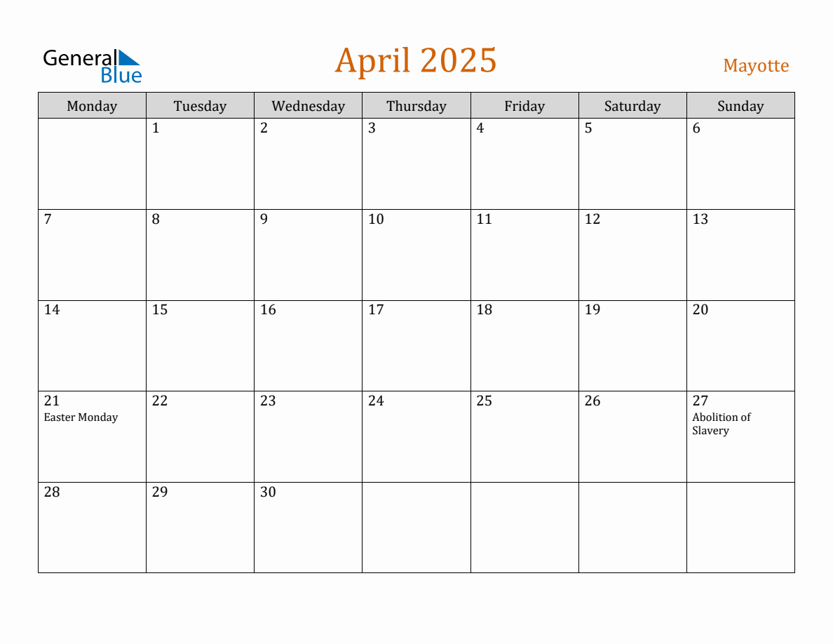 Free April 2025 Mayotte Calendar