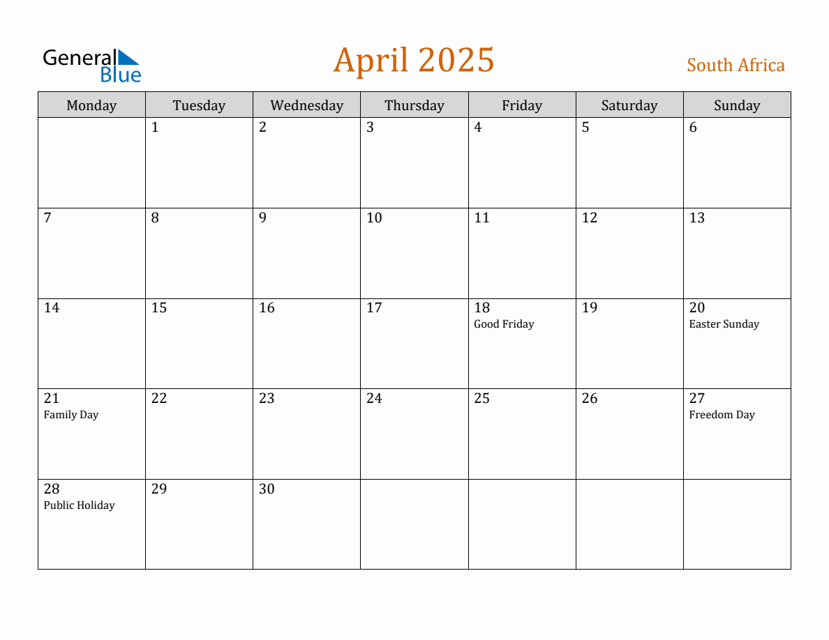 Free April 2025 South Africa Calendar