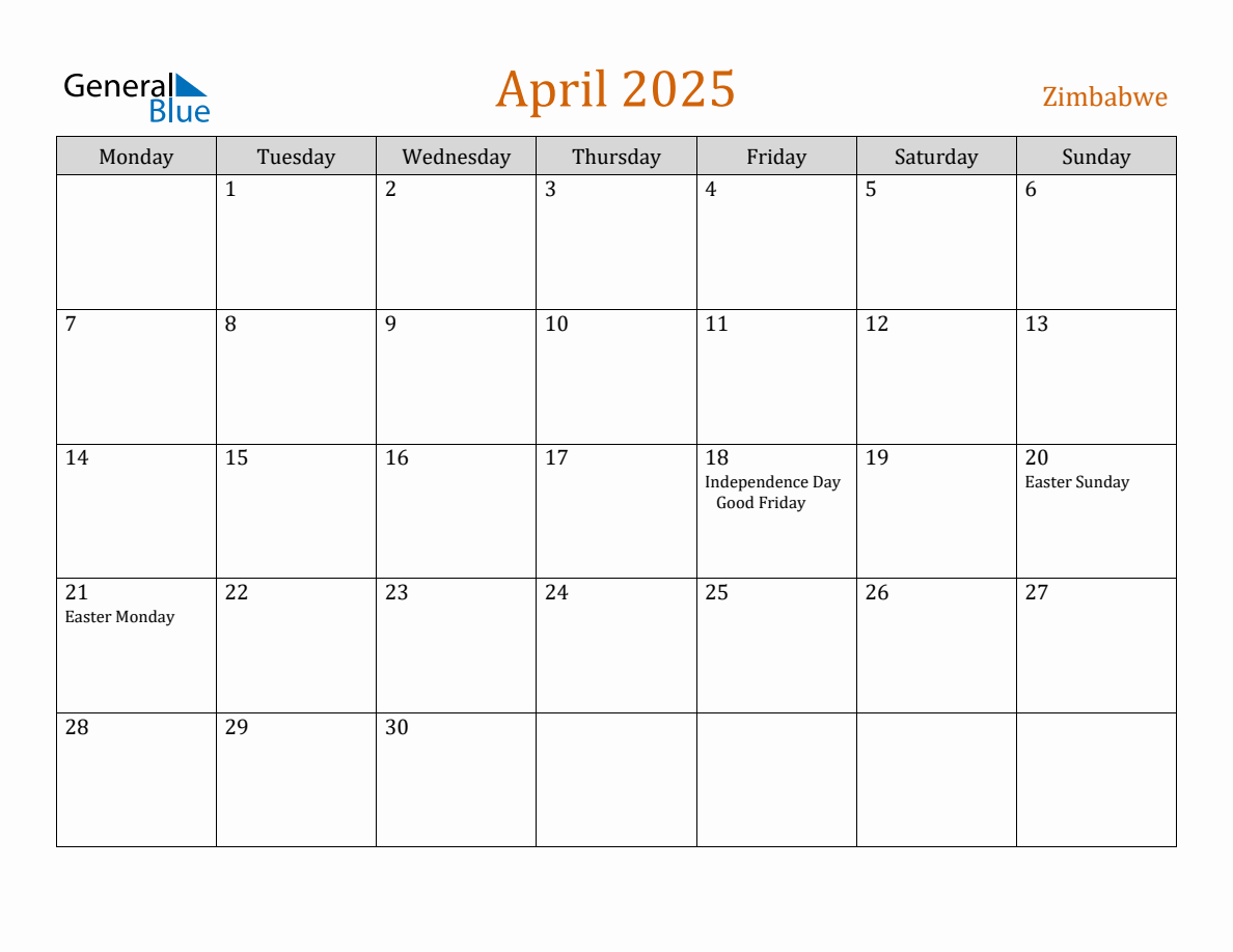 Free April 2025 Zimbabwe Calendar