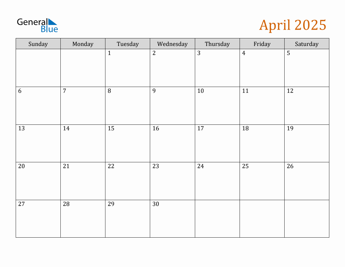 April 2025 Generic Monthly Calendar