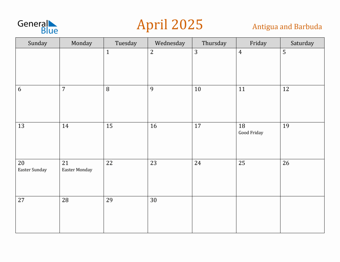 Free April 2025 Antigua and Barbuda Calendar