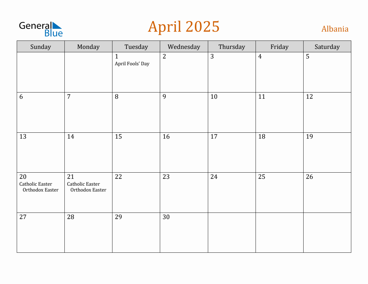 Free April 2025 Albania Calendar