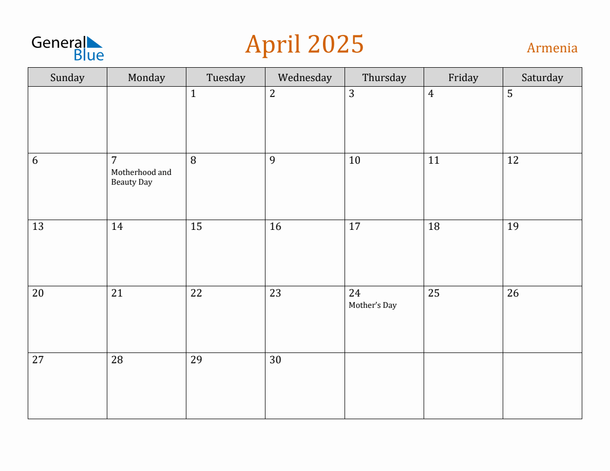 Free April 2025 Armenia Calendar