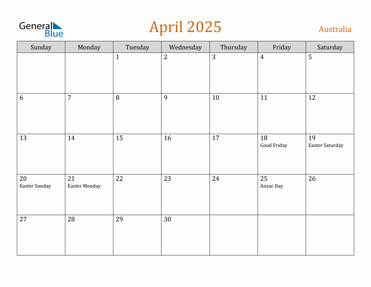 Free April 2025 Australia Calendar