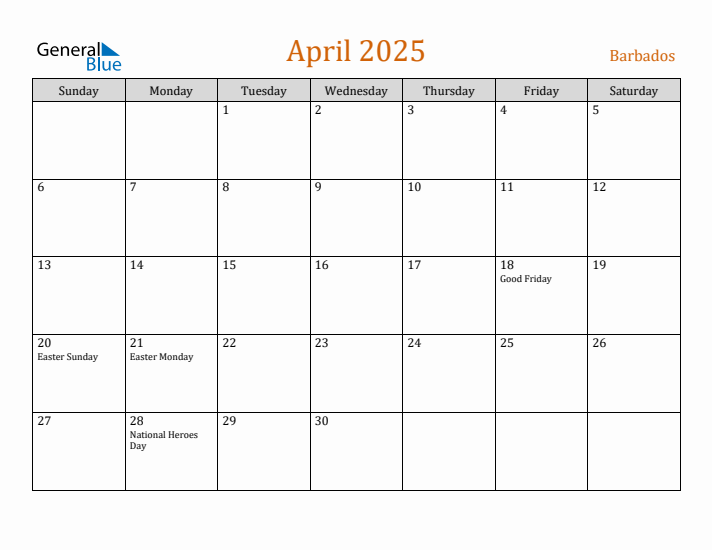 Free April 2025 Barbados Calendar