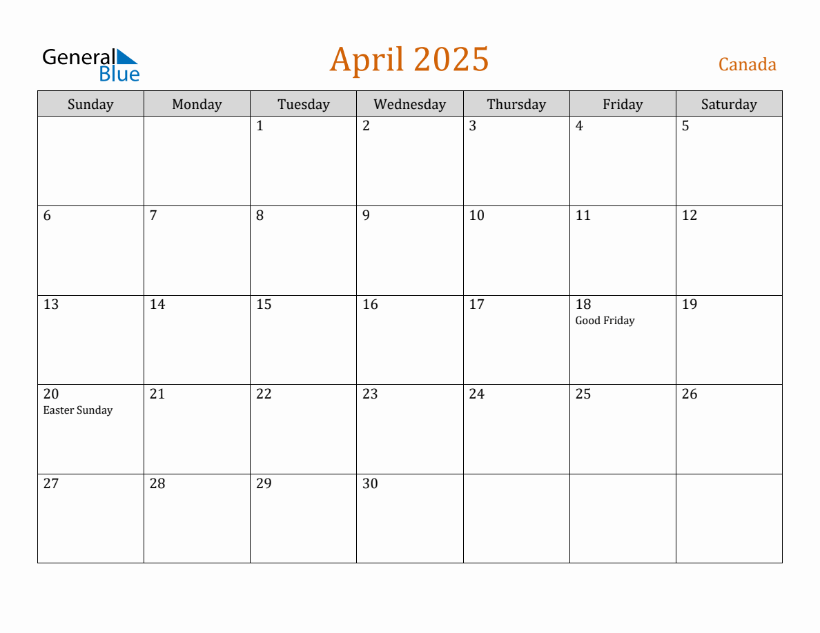 Free April 2025 Canada Calendar