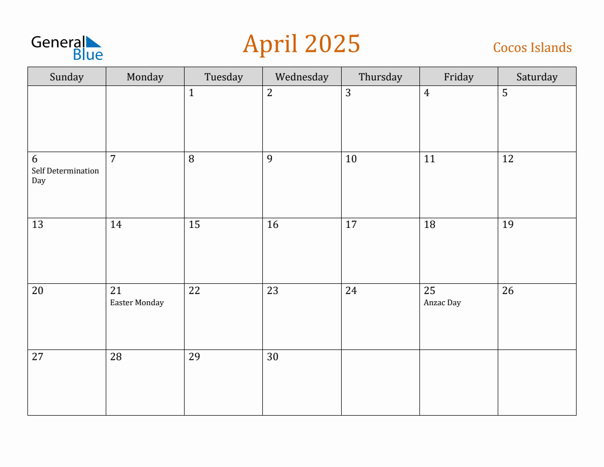 Free April 2025 Cocos Islands Calendar