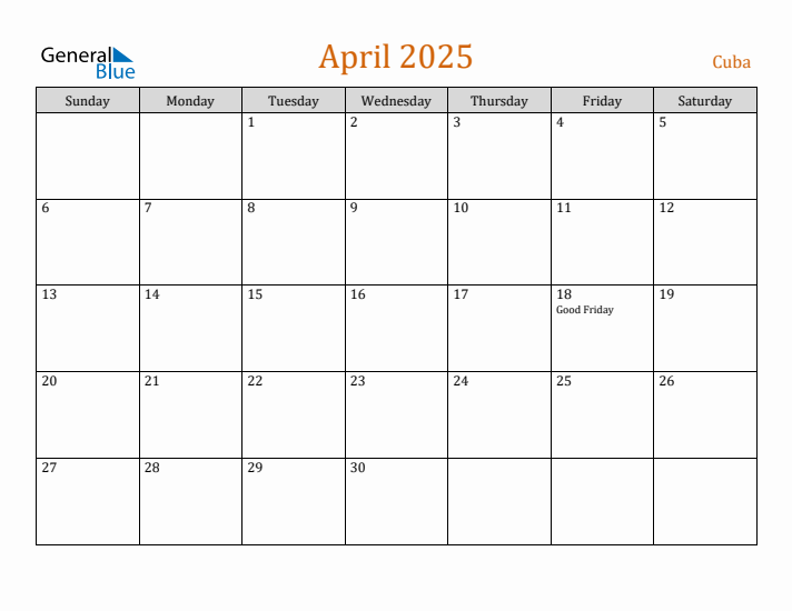 Free April 2025 Cuba Calendar