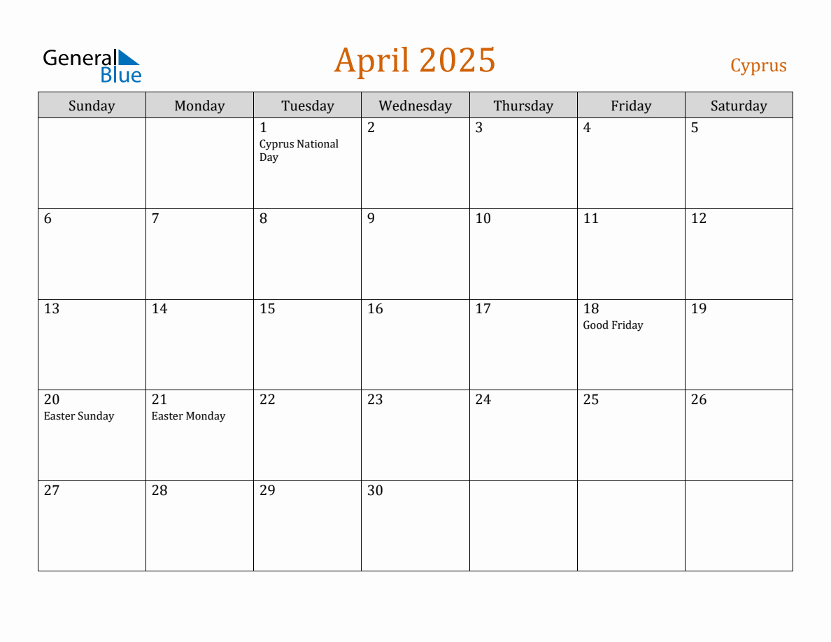 Free April 2025 Cyprus Calendar
