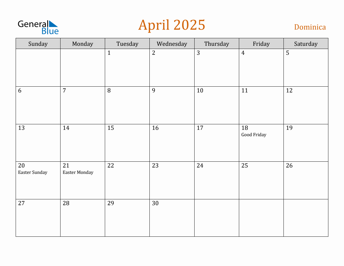 Free April 2025 Dominica Calendar