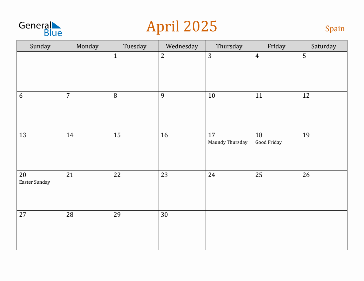 Free April 2025 Spain Calendar