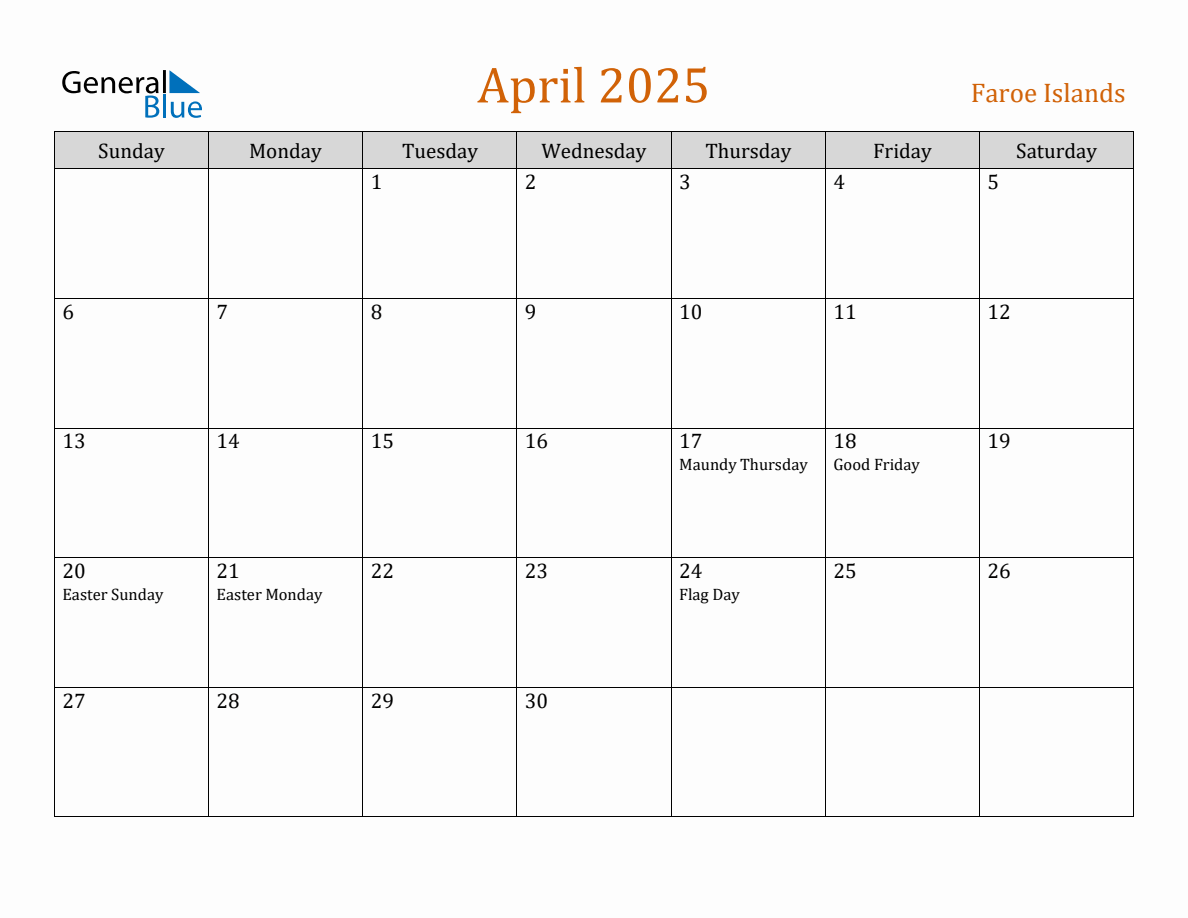 Free April 2025 Faroe Islands Calendar