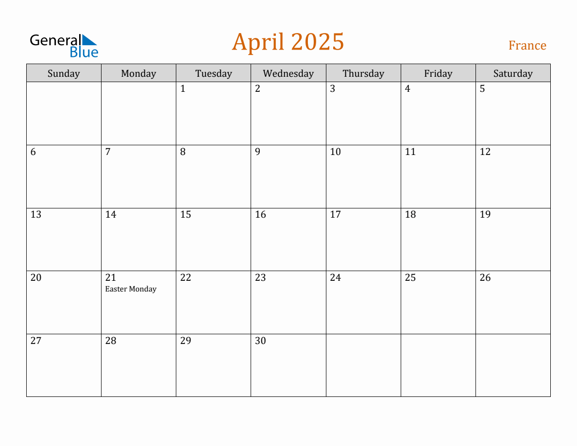 Free April 2025 France Calendar