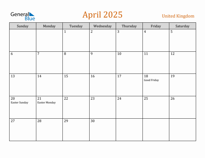 April 2025 Monthly Calendar with United Kingdom Holidays