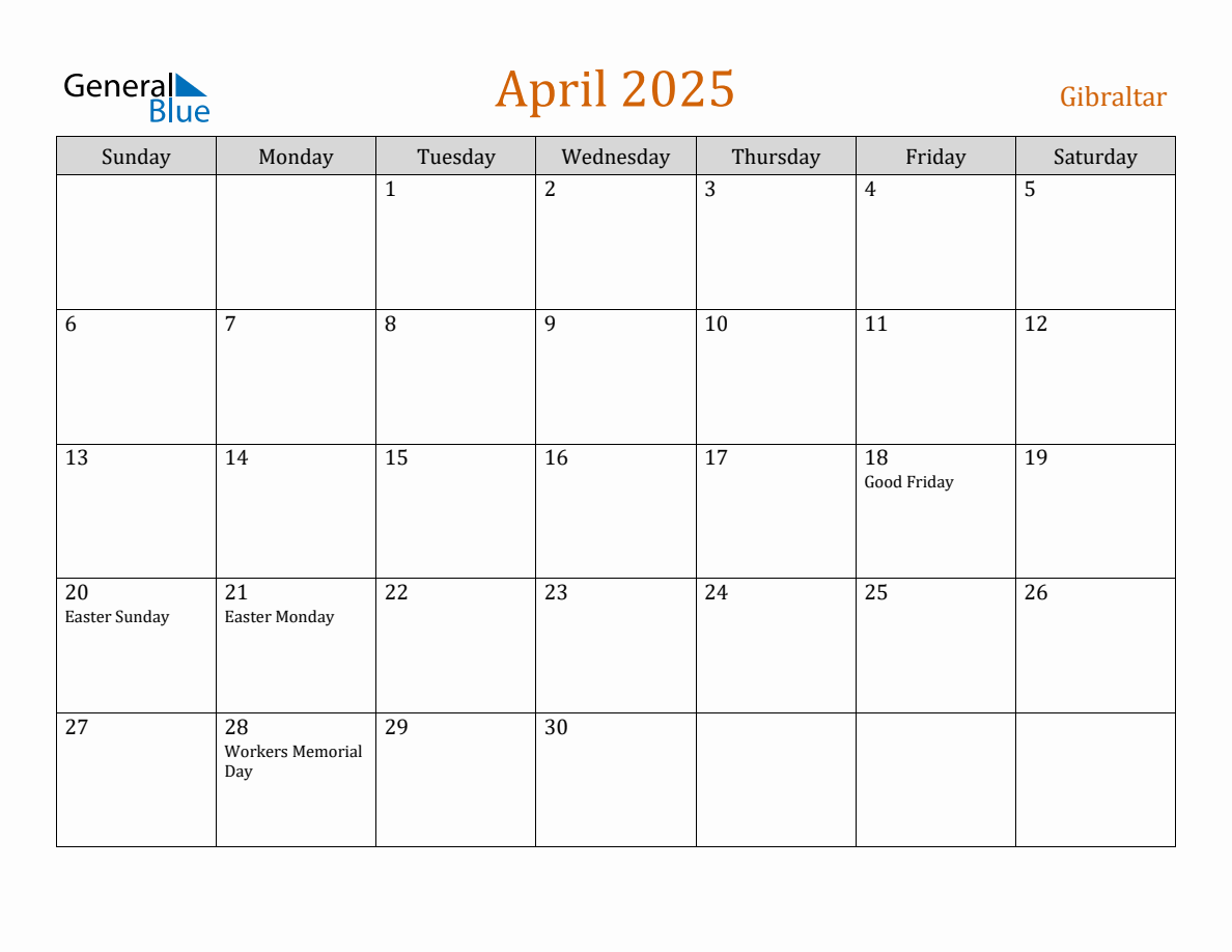 Free April 2025 Gibraltar Calendar