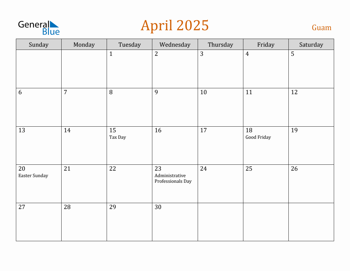 Free April 2025 Guam Calendar