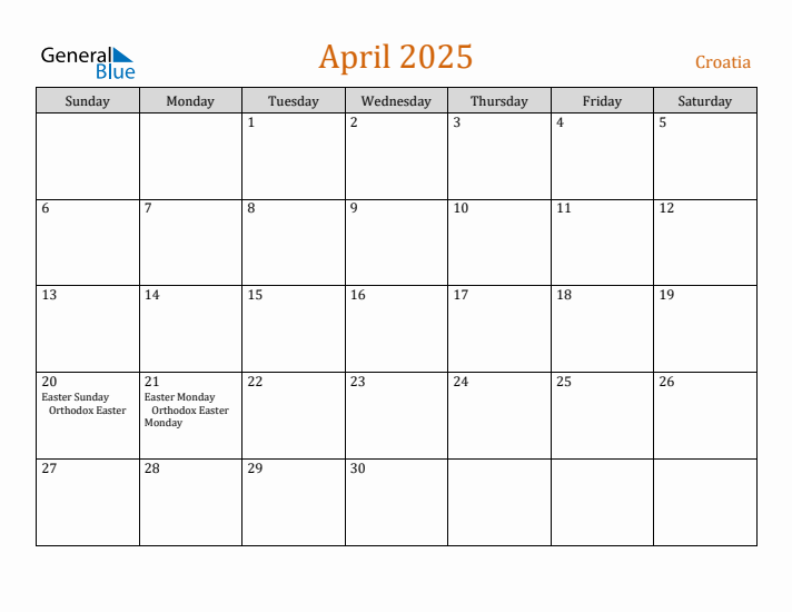 April 2025 Holiday Calendar with Sunday Start
