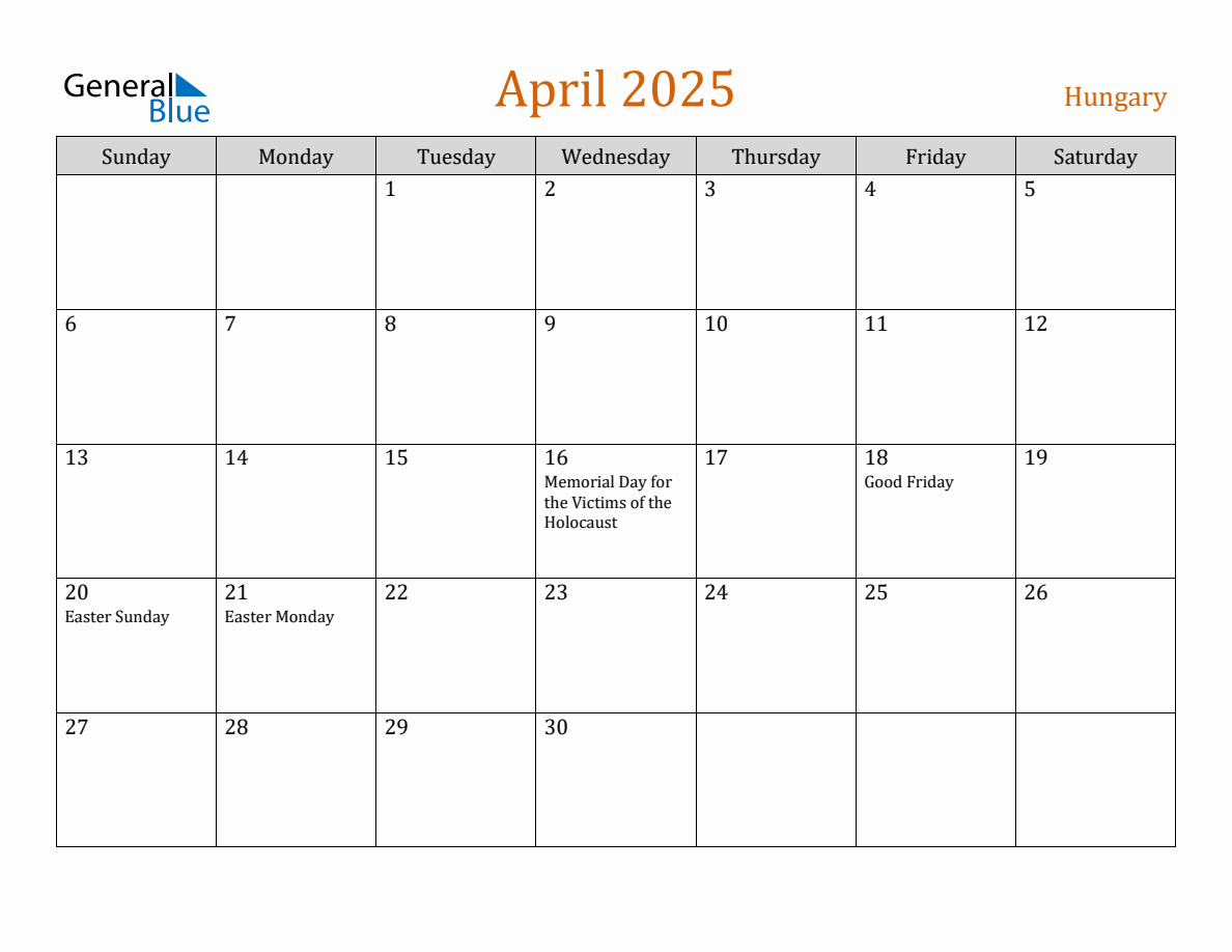 Free April 2025 Hungary Calendar