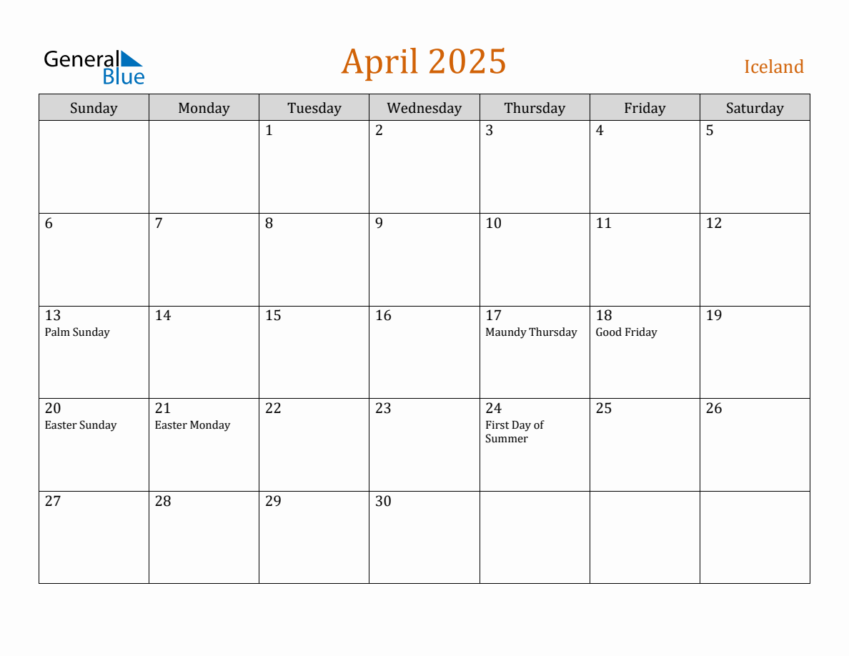 Free April 2025 Iceland Calendar