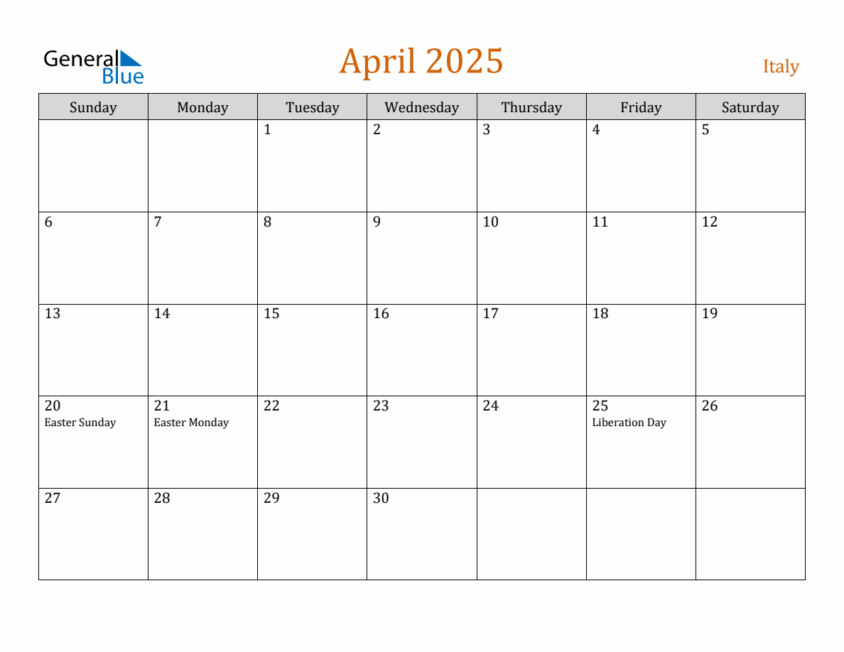 Free April 2025 Italy Calendar