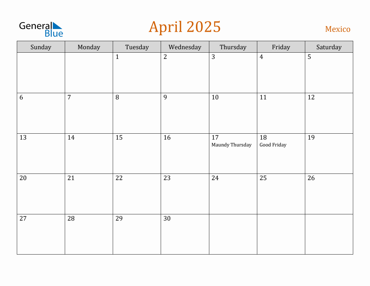 Free April 2025 Mexico Calendar