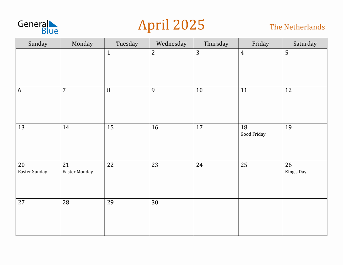 Free April 2025 Netherlands Calendar