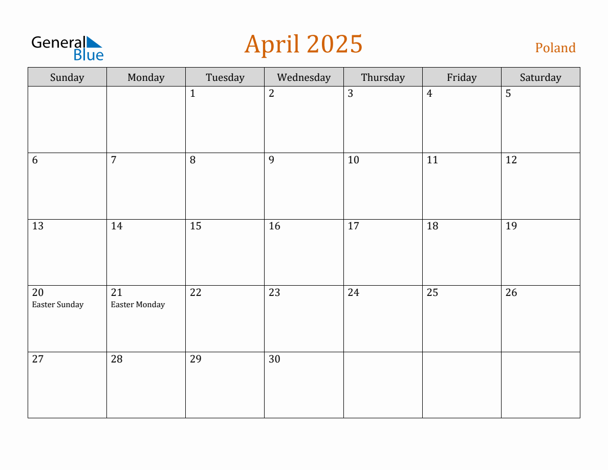 Free April 2025 Poland Calendar