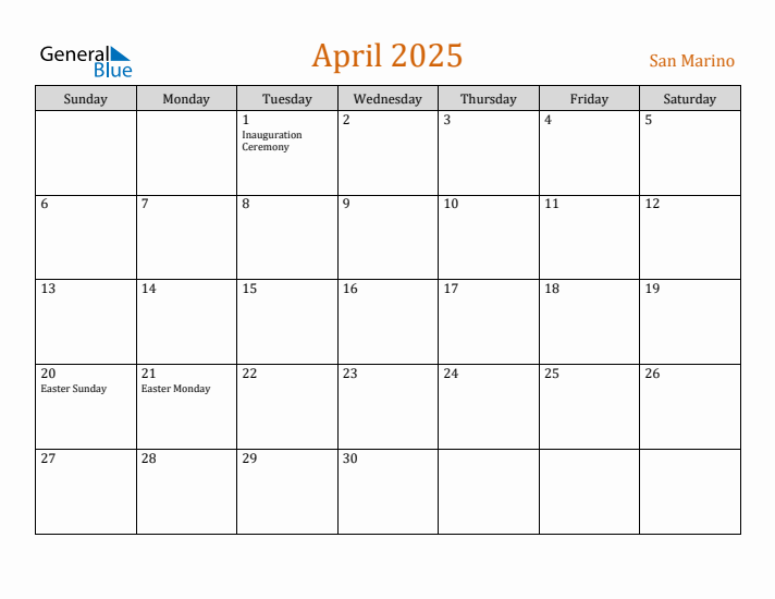 April 2025 Holiday Calendar with Sunday Start