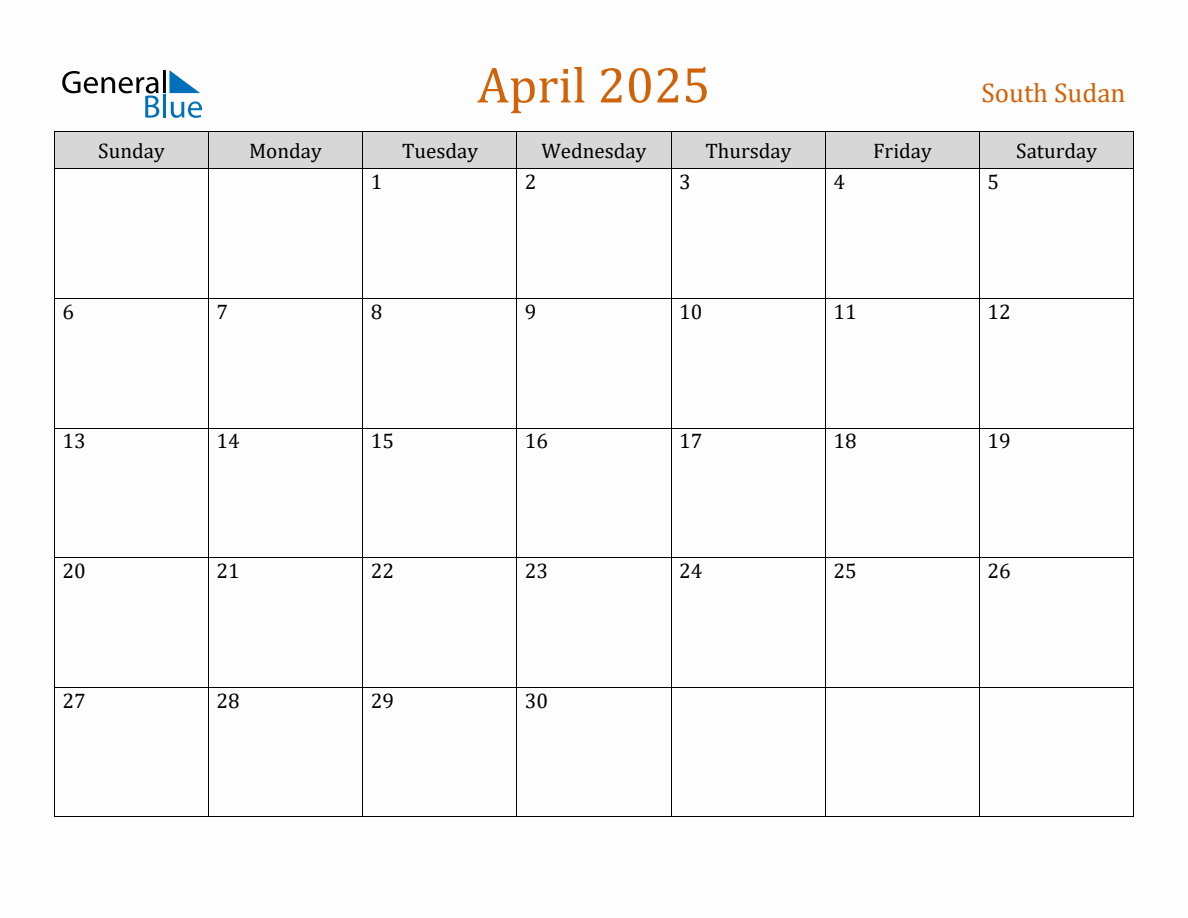 Free April 2025 South Sudan Calendar