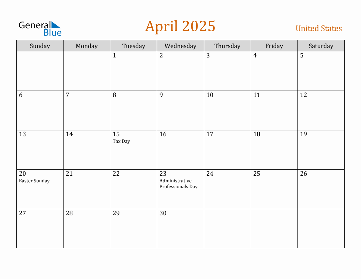 Free April 2025 United States Calendar