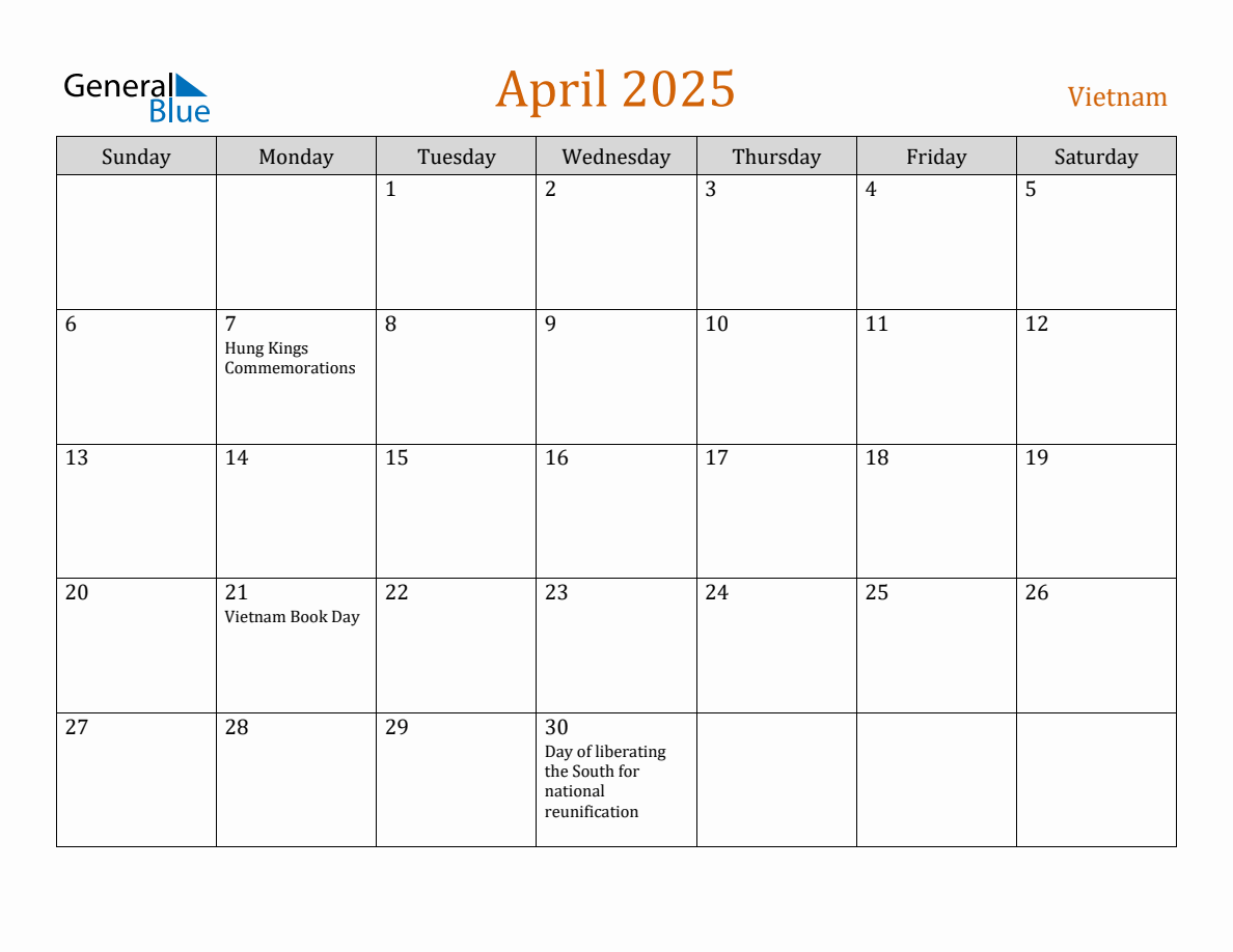 Free April 2025 Vietnam Calendar