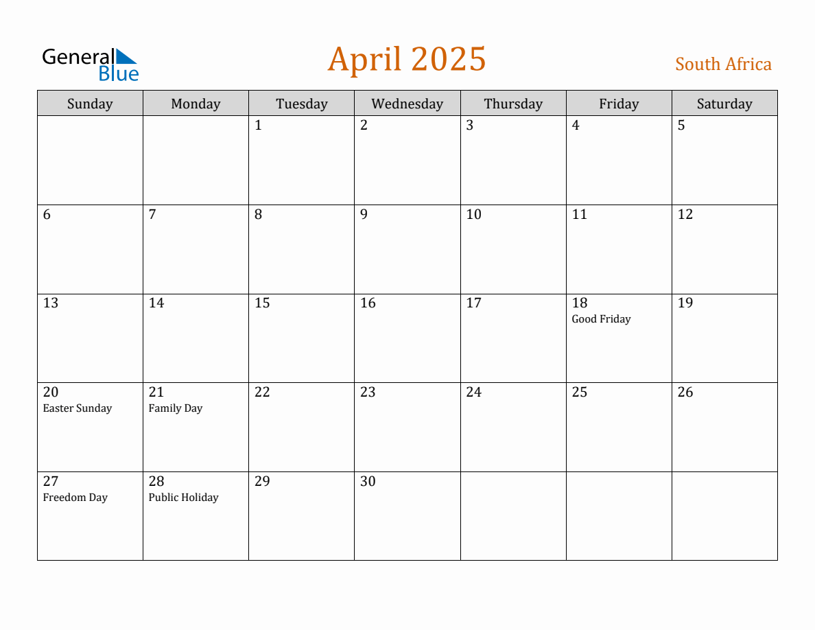 Free April 2025 South Africa Calendar