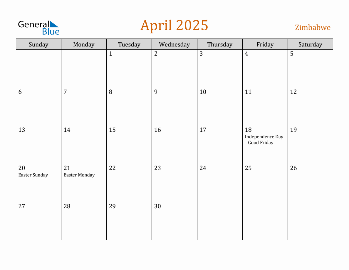 Free April 2025 Zimbabwe Calendar