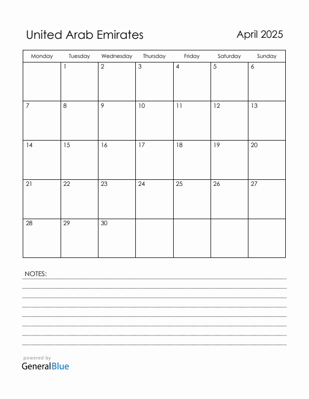 April 2025 United Arab Emirates Calendar with Holidays (Monday Start)