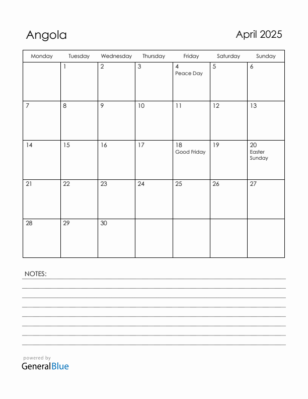 April 2025 Angola Calendar with Holidays (Monday Start)